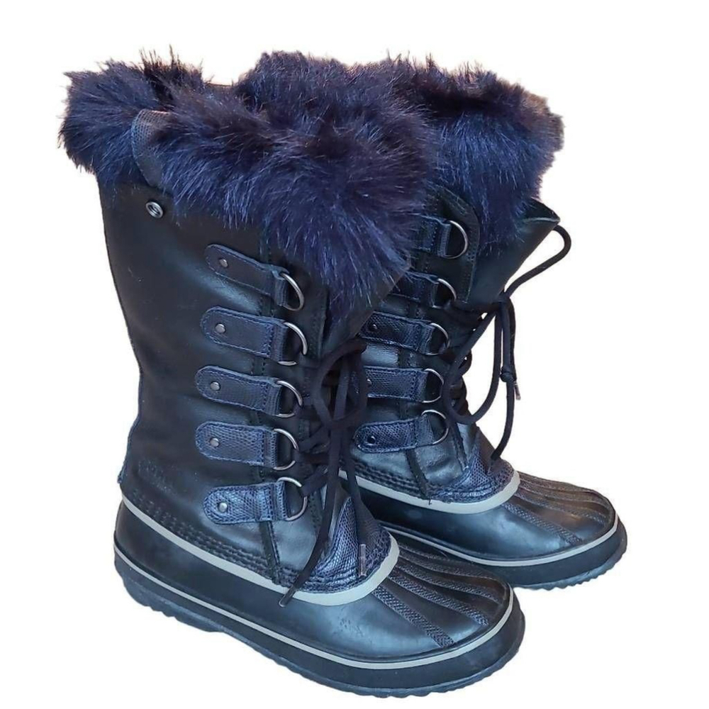 Sorel Joan of Artic Obsidians Winter Boots With Faux Royal Blue Fur sz 7